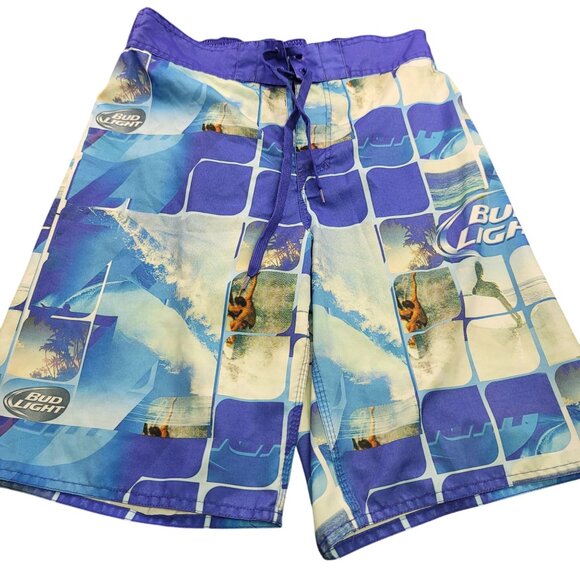 bud light Other - Bud Light Mens Swim Trunks Medium Blue Surf Print Board Shorts Drawstring Waist